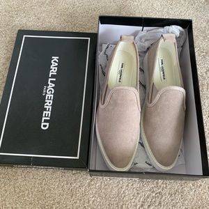 NWT Karl Lagerfeld Clement Taupe color suede slip on shoe.